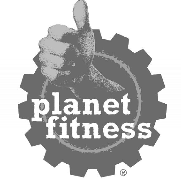Planet Fitness logo featuring a white thumbs-up above the words ‘planet fitness’ inside a gear-shaped circle.