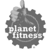 Planet Fitness logo with a thumbs-up inside a gear-shaped circle, in grayscale